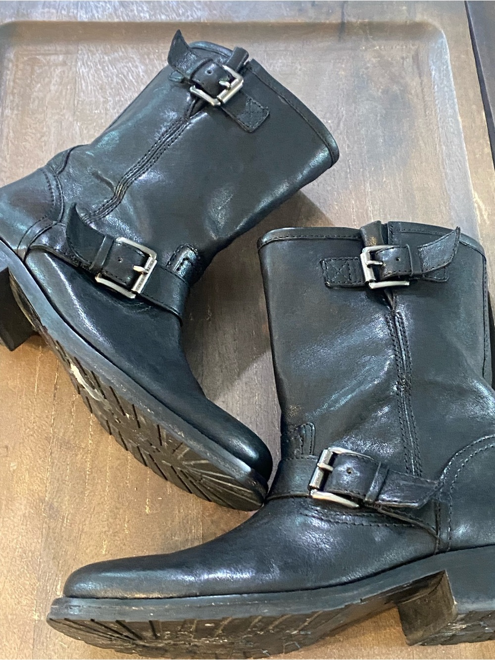 Michael Kors Black Leather Jonas Moto Boots with Silver Buckle Detail